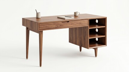 Fototapeta premium Minimalist wooden desk with drawers and ceramic items on white surface