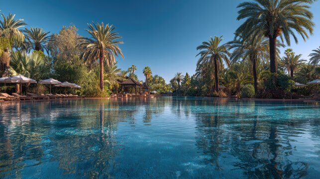 Tropical Oasis Paradise: A stunning panoramic view of a crystal-clear blue swimming pool surrounded by lush palm trees and exotic vegetation, under a bright, sunny sky.