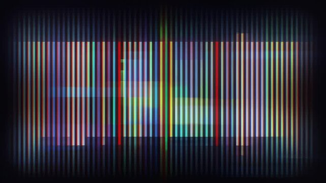 Glitchy TV screen, distorted colorful stripes, static noise, seamless loop, symbolizing technology failure