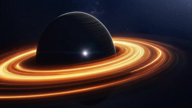 Glowing black planet, vibrant orange rings orbiting, deep space background with stars, seamless loop animation, symbolizing cosmic wonder and celestial beauty