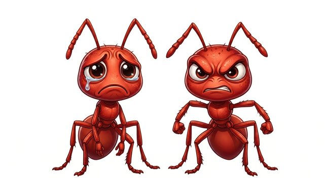 Two 3d red ants with expressive faces standing side by side
