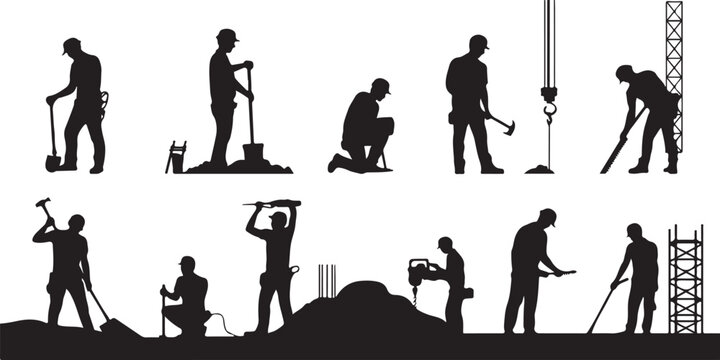 construction site silhouettes of workers with tools and equipment