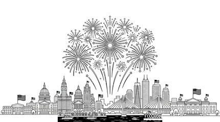 Coloring page illustration of American city skyline with fireworks. © sumi yati