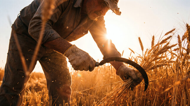 Senior farmer harvesting wheat with a traditional sickle at sunset