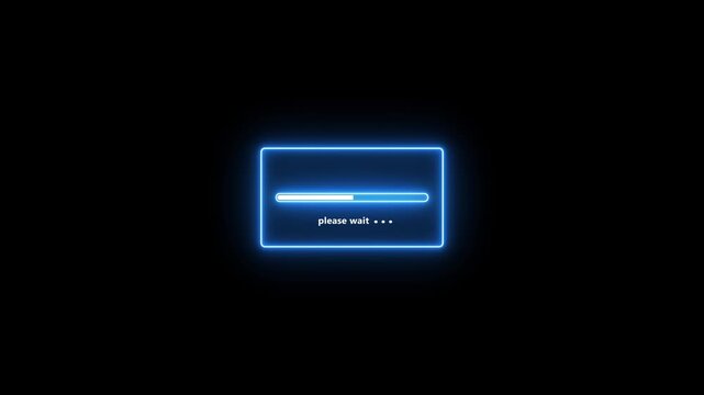 A digital loading bar with a bright blue neon outline and a white progress indicator against a stark black background with the text please wait and three trailing dots indicating a process in progress