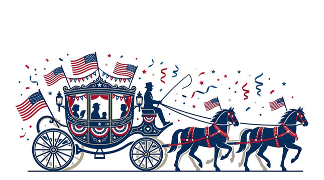 Decorative American themed horse drawn carriage parade float illustration.