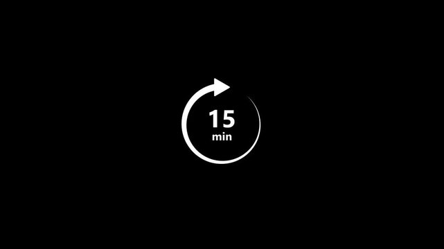 A white circular with a clockwise arrow and the text 15 min inside a dark black background representing a time limit or duration of fifteen minutes for a task or event