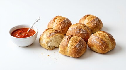 Fototapeta premium Freshly Baked Bread Rolls with Tomato Dip on White Background