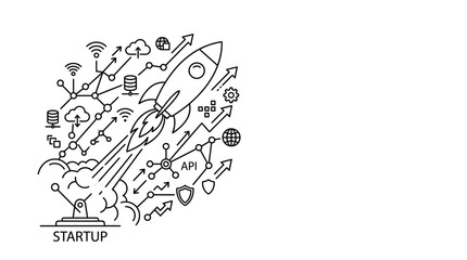 Doodle illustration of a rocket ship launching for startup business growth and technology innovation. © sumi yati