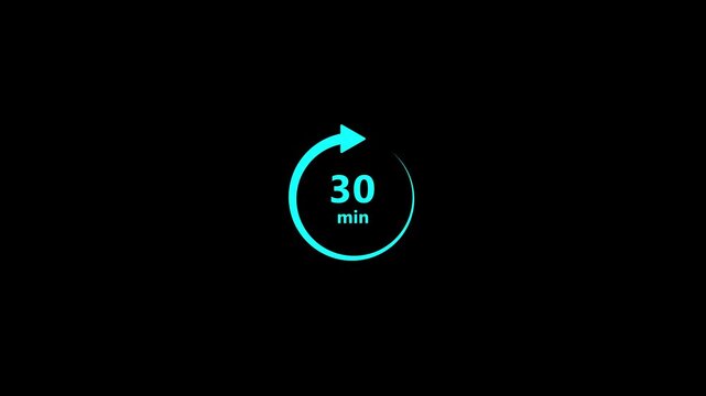 A bright cyan circular with a clockwise arrow and the text 30 min inside a dark black background representing a time limit or duration of thirty minutes for a task or event