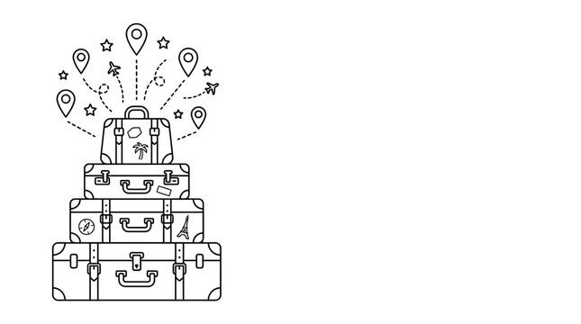 Doodle illustration of stacked vintage suitcases with travel destination markers.
