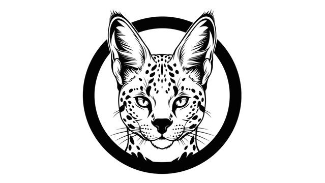 Black and White Serval Cat Portrait Logo Emblem