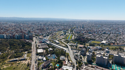 Fototapeta premium Aerial panoramic view of Cordoba city skyline and Suquia River, Argentina.