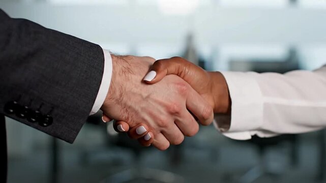 Two diverse business professionals shaking hands to finalize a corporate partnership. Symbolizing agreement, trust, collaboration, mutual success, and business growth through modern strategies.