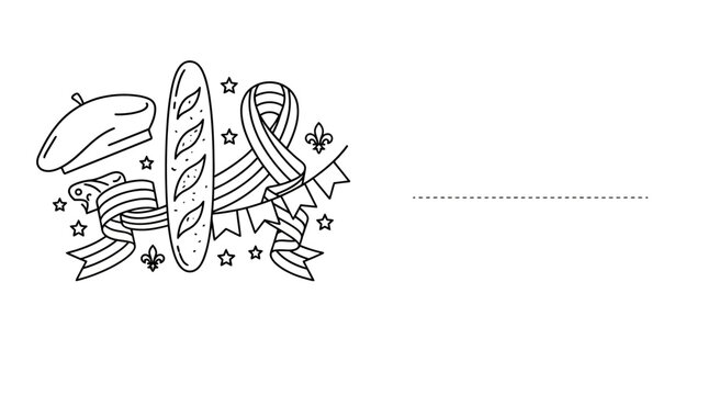 French culture doodle illustration with baguette and beret.