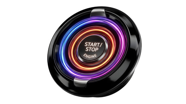 Futuristic car engine start stop button with neon light rings, modern automotive ignition switch, sleek vehicle dashboard control element