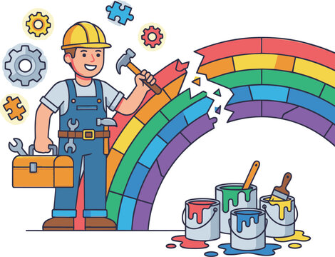 Male Construction Painter Holding Toolbox And Hammer.