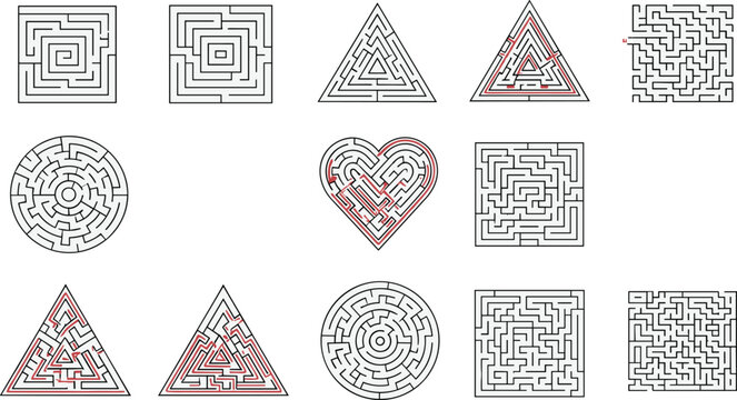 Geometric Maze Puzzle Collection with Circular Square Triangle and Heart Labyrinth Vector Game Illustrations
