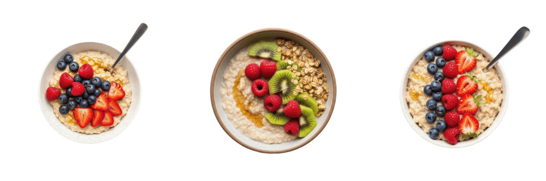 Healthy breakfast oatmeal bowl fresh fruit berries isolated transparent background organic porridge diet png