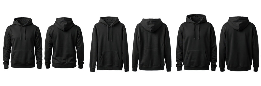 Pair of black casual hoodies front back view isolated transparent background blank sweatshirt png