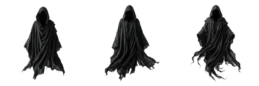 Dark mysterious hooded cloak costume silhouette isolated transparent background phantom grim reaper outfit png