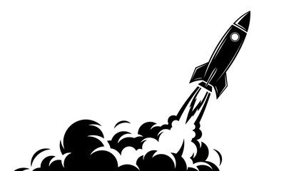 Black and White Rocket Ship Launching Illustration © ISLAH