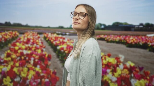 Woman standing in profile with glasses and visible face, looking at rows of tulips in front of a distant building; contemplation.