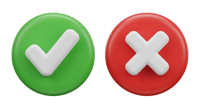 3D icons of green check mark and red cross sign for decision making and validation with incorrect validation decision approval rejection