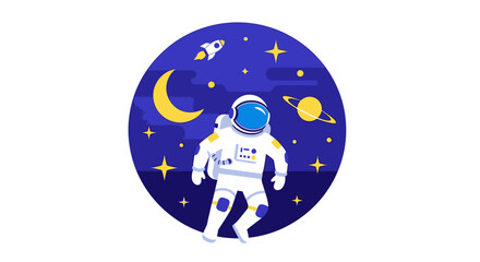 Astronaut exploring the vastness of outer space with planets, stars, and a rocket © ikun