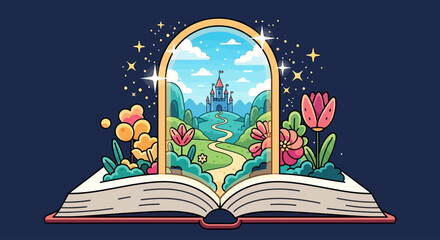 Obraz premium Open book reveals a magical castle and dreamlike landscape.