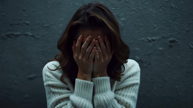 ローキー照明で頭を抱え思い詰める白人女性30代のシネマ調写真
