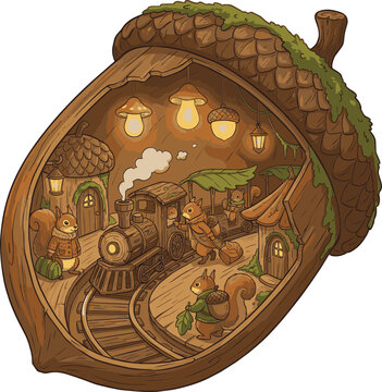Miniature Acorn Village Interior with Train and Cottages.