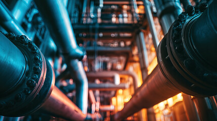 Fototapeta premium Industrial Labyrinth: Metal Pipes, Bolted Flanges, and Machinery in a Complex, Illuminated Facility