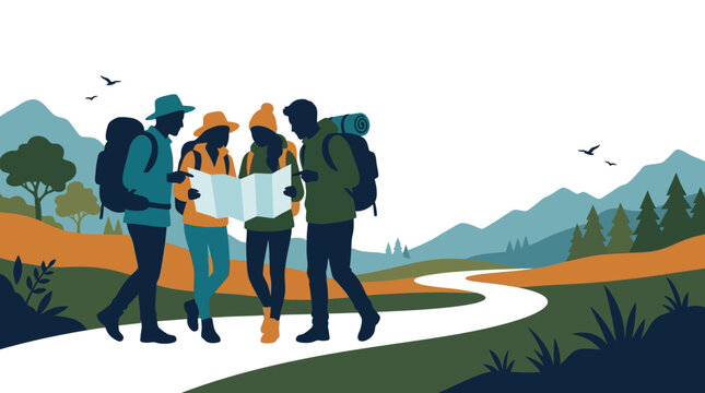Group of four hikers reading a map while trekking on a trail.