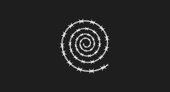 Abstract graphic representation of a sharp barbed wire forming a dangerous spiral design, symbolizing restriction, security, and potential danger, ideal for conceptual design projects or logos
