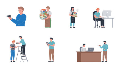 Fototapeta premium Set of diverse people engaged in various daily activities and professions, illustrating different lifestyles and occupations.