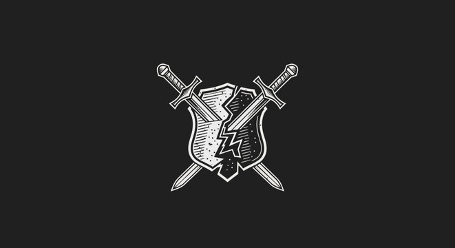 Minimalist Emblem with Crossed Swords and Shield Featuring Lightning Bolt