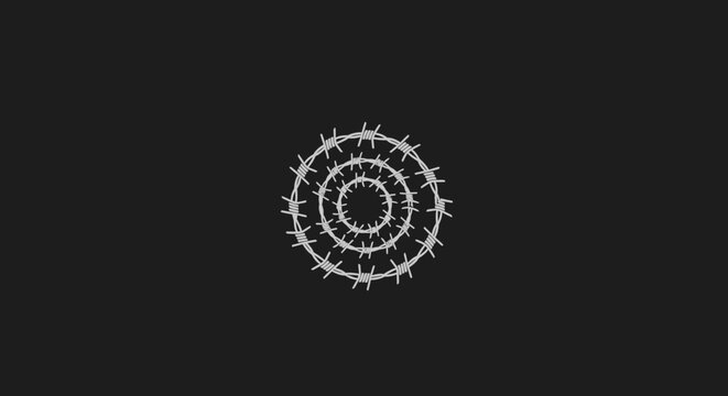 A striking minimalist graphic featuring concentric circles of barbed wire, evoking themes of struggle and resilience