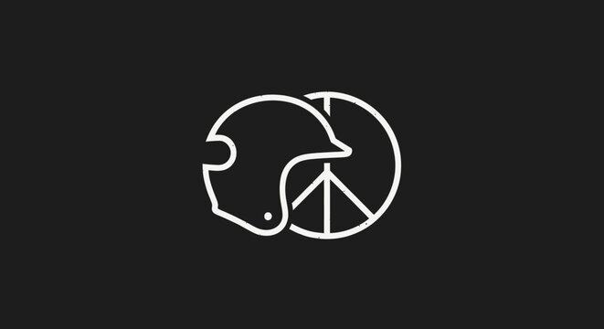 A minimalist line art logo featuring a vintage-style motorcycle helmet intertwined with a classic peace symbol, representing freedom, peace, and retro culture