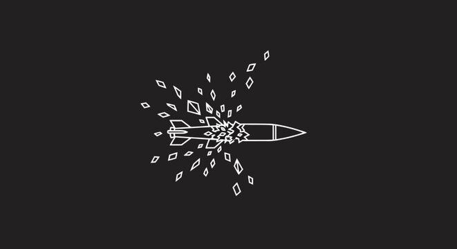Abstract Monoline Projectile Impact Illustration A minimalist graphic showing a sleek missile or bomb colliding, resulting in a striking burst of geometric shards against a black backdrop