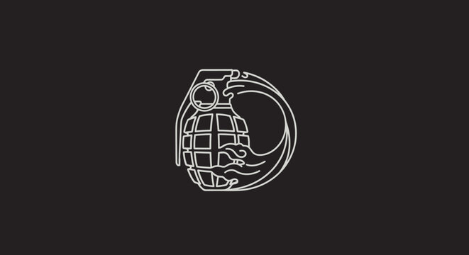Minimalist vector logo design featuring a stylized outline of a hand grenade integrated with a dynamic circular element, symbolizing power, impact, and strategic execution