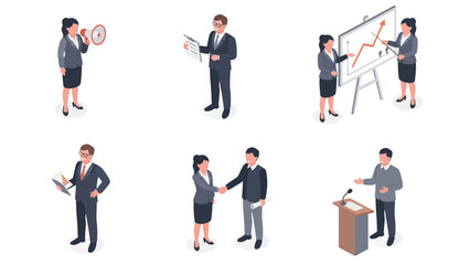 Fototapeta premium Isometric business people set showing various office and professional activities like presentations, meetings, and discussions.