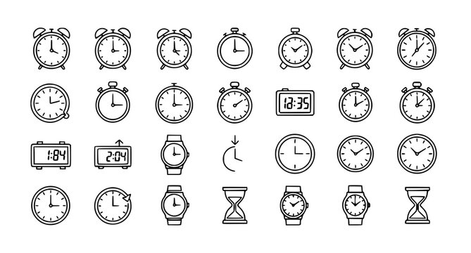 Clock outline icon set with timer stopwatch alarm and watch symbols editable stroke vector