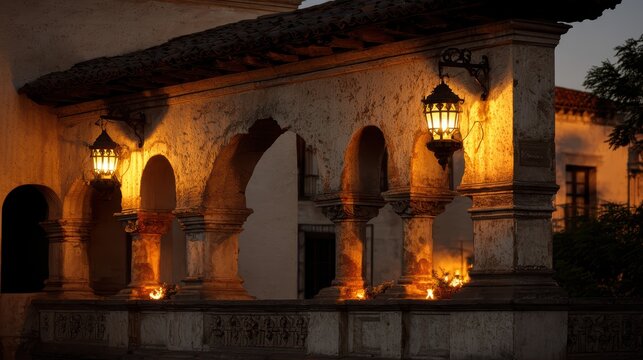 Spanish Mission Arches at Dusk: An ancient Spanish mission facade with illuminated arches and lanterns creates a warm, inviting atmosphere as twilight descends.