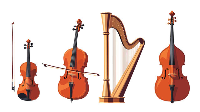 Set of classic string musical instruments: violin, viola, cello, and harp, isolated on white background.