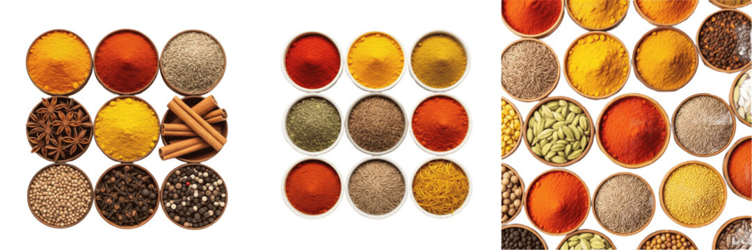 Spices and Condiments Colorful Powder Bowls Transparent PNG Exotic Indian Seasoning Culinary Ingredient Set