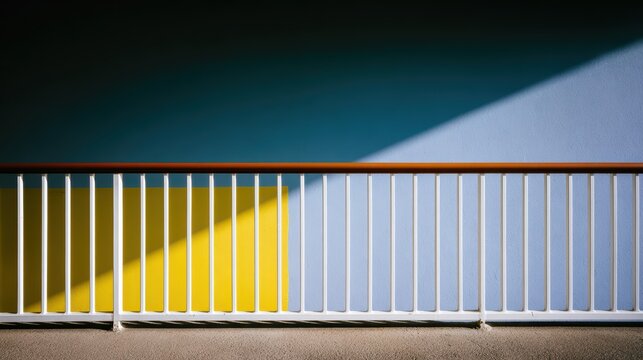 Shadows and Sunshine: A minimalist composition featuring a white railing casting long shadows on a textured wall with sections of yellow and blue.