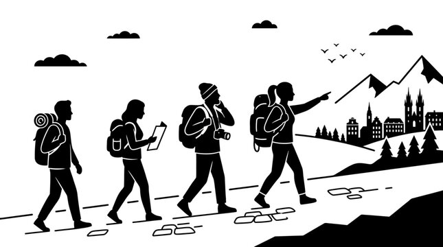 Group of hikers walking and exploring in nature silhouette.