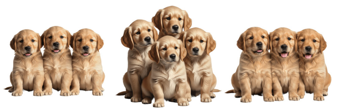 Three Cute Golden Retriever Puppies Group Transparent PNG Fluffy Canine Pets Family Pack Asset