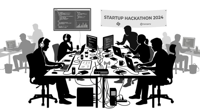 Group of programmers and software developers working together at a startup hackathon.